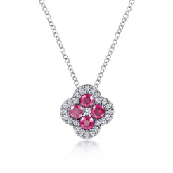 14K White Gold Diamond  Ruby Clover Pendant Necklace