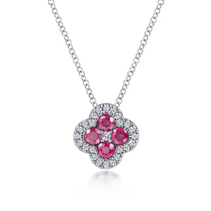 14K White Gold Diamond  Ruby Clover Pendant Necklace
