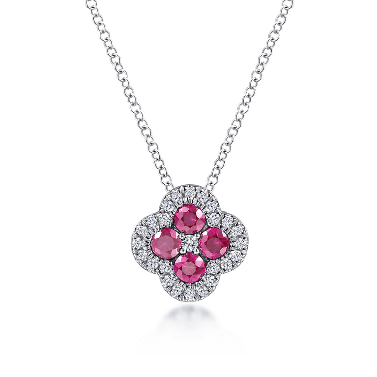 14K White Gold Diamond  Ruby Clover Pendant Necklace - 0.16 ct - Shot 1