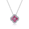 14K White Gold Diamond  Ruby Clover Pendant Necklace - 0.16 ct