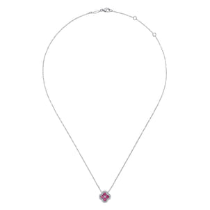 14K White Gold Diamond  Ruby Clover Pendant Necklace