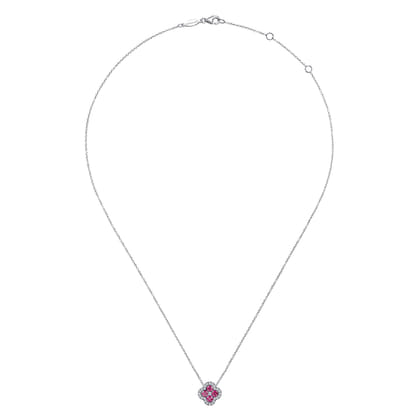 14K White Gold Diamond  Ruby Clover Pendant Necklace