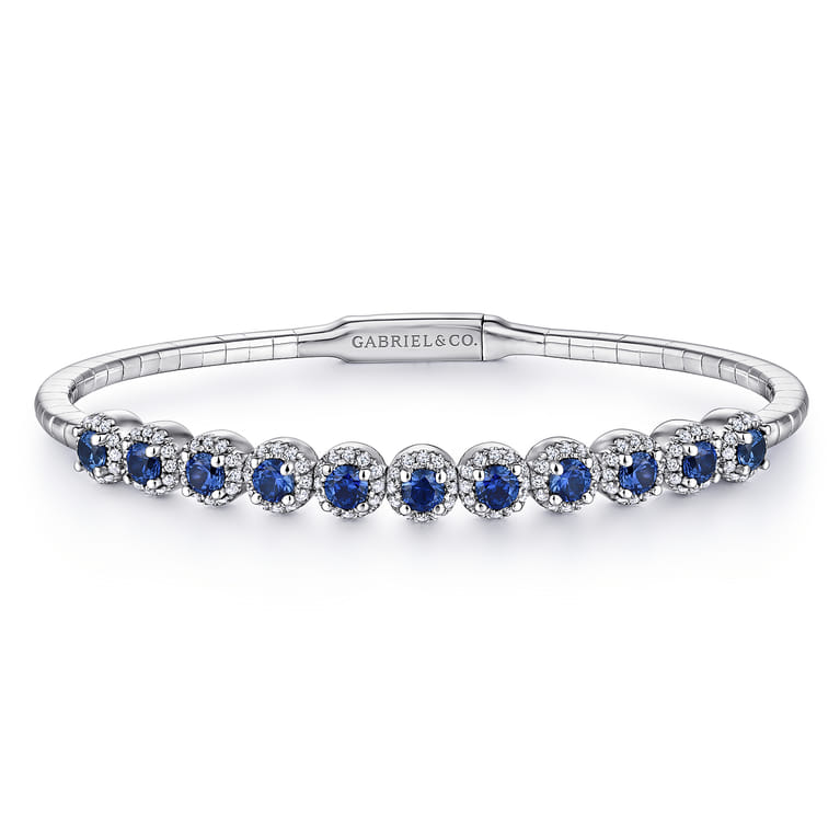 14K White Gold Diamond  Sapphire Bangle - 0.38 ct - Shot 1