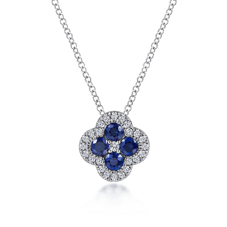14K White Gold Diamond  Sapphire Clover Pendant Necklace - 0.16 ct - Shot 1