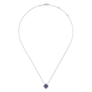 14K White Gold Diamond  Sapphire Clover Pendant Necklace