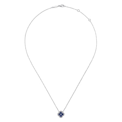 14K White Gold Diamond  Sapphire Clover Pendant Necklace