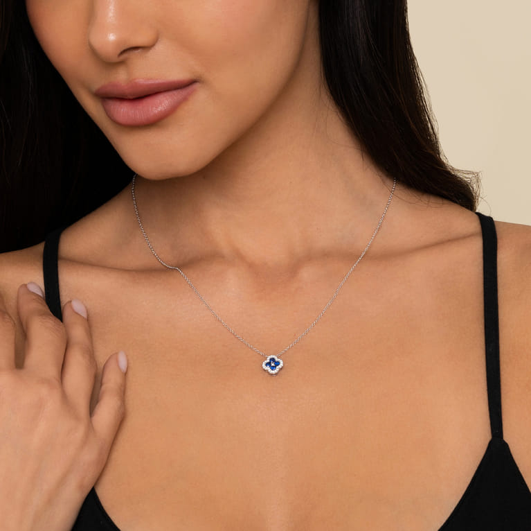 14K White Gold Diamond  Sapphire Clover Pendant Necklace - 0.16 ct - Shot 3