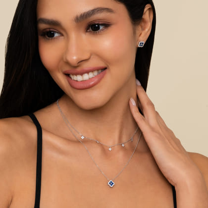 14K White Gold Diamond  Sapphire Clover Pendant Necklace