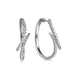 14K White Gold Diamond Spike Bypass Hoop Earrings
