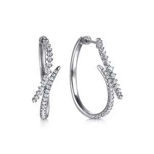 14K White Gold Diamond Spike Bypass Hoop Earrings