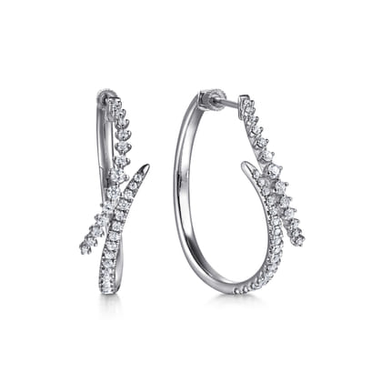 14K White Gold Diamond Spike Bypass Hoop Earrings