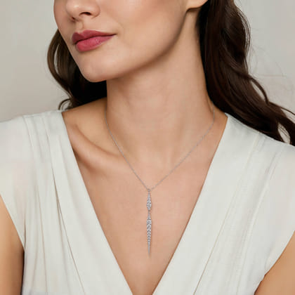 14K White Gold Diamond Spike Drop Pendant Necklace