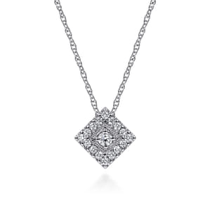 14K White Gold Diamond Square Pendant Necklace