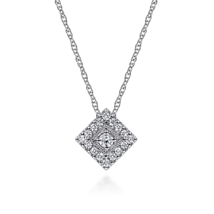 14K White Gold Diamond Square Pendant Necklace