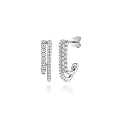 14K White Gold Diamond Stacked J Hoop Earrings