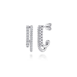 14K White Gold Diamond Stacked J Hoop Earrings