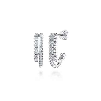 14K White Gold Diamond Stacked J Hoop Earrings