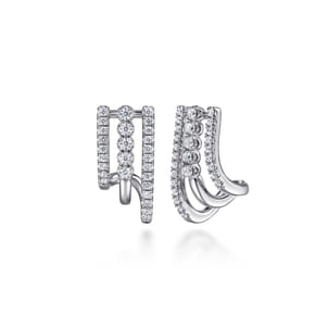 14K White Gold Diamond Stacked J Hoop Earrings