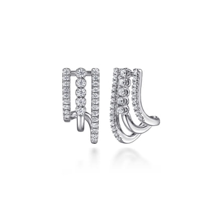 14K White Gold Diamond Stacked J Hoop Earrings