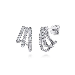 14K White Gold Diamond Stacked J Hoop Earrings