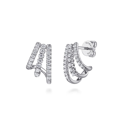 14K White Gold Diamond Stacked J Hoop Earrings