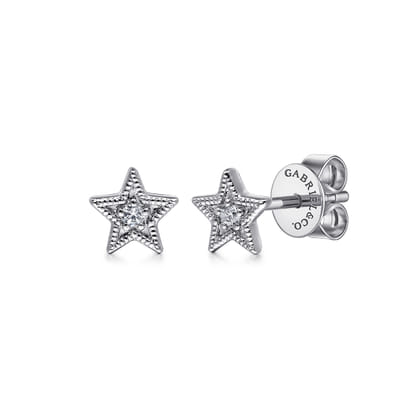 14K White Gold Diamond Star Shape Stud Earrings