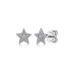 14K White Gold Diamond Star Stud Earrings