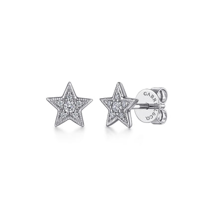 14K White Gold Diamond Star Stud Earrings