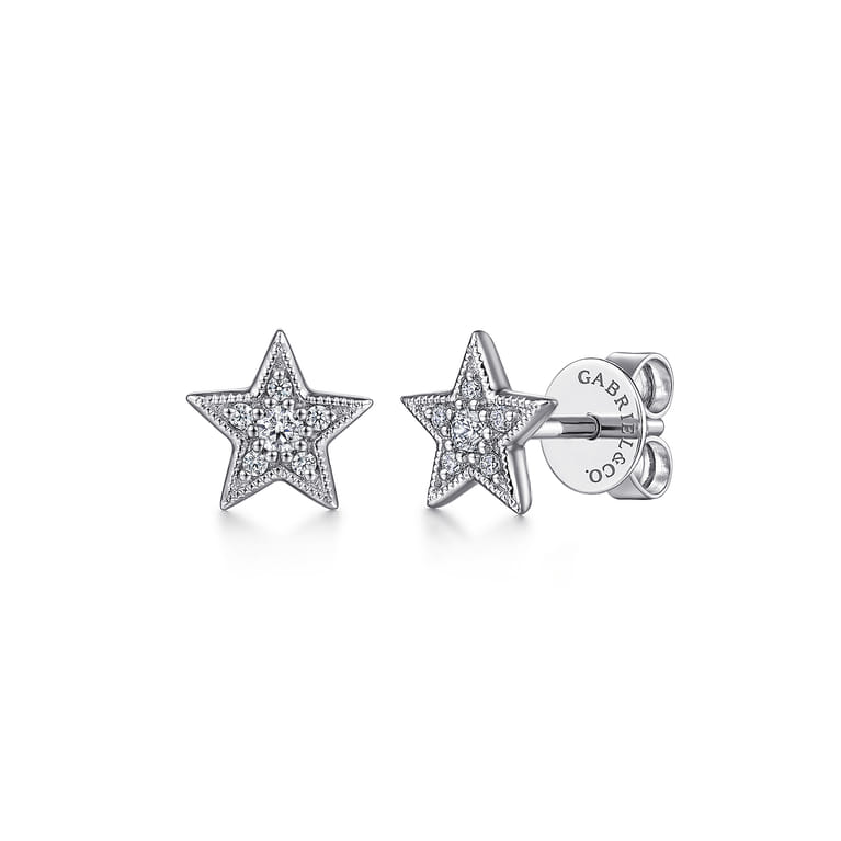 14K White Gold Diamond Star Stud Earrings - 0.09 ct - Shot 1