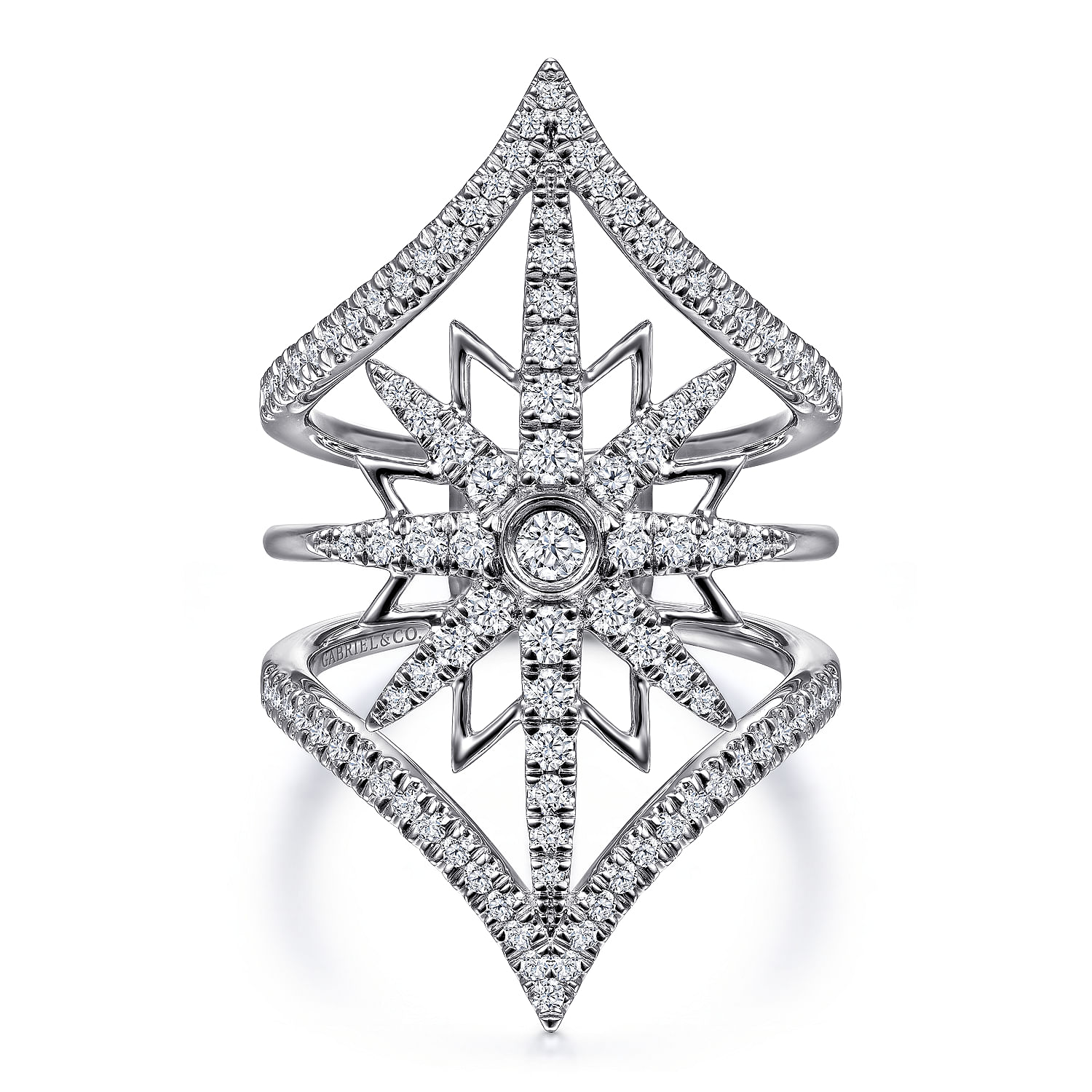 14K White Gold Diamond Starburst Chevron Statement Ring