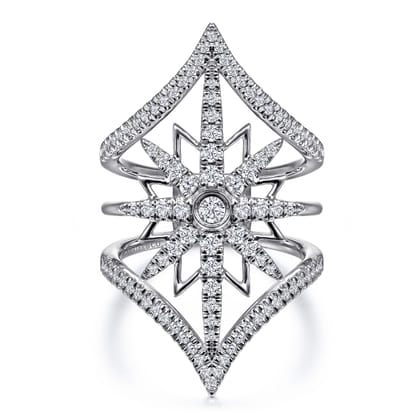 14K White Gold Diamond Starburst Chevron Statement Ring