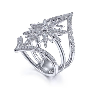 14K White Gold Diamond Starburst Chevron Statement Ring