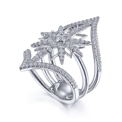 14K White Gold Diamond Starburst Chevron Statement Ring