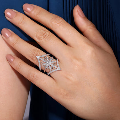 14K White Gold Diamond Starburst Chevron Statement Ring