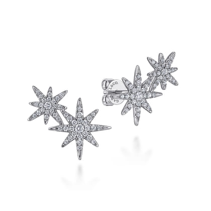 14K White Gold Diamond Starburst Ear Climber Earrings