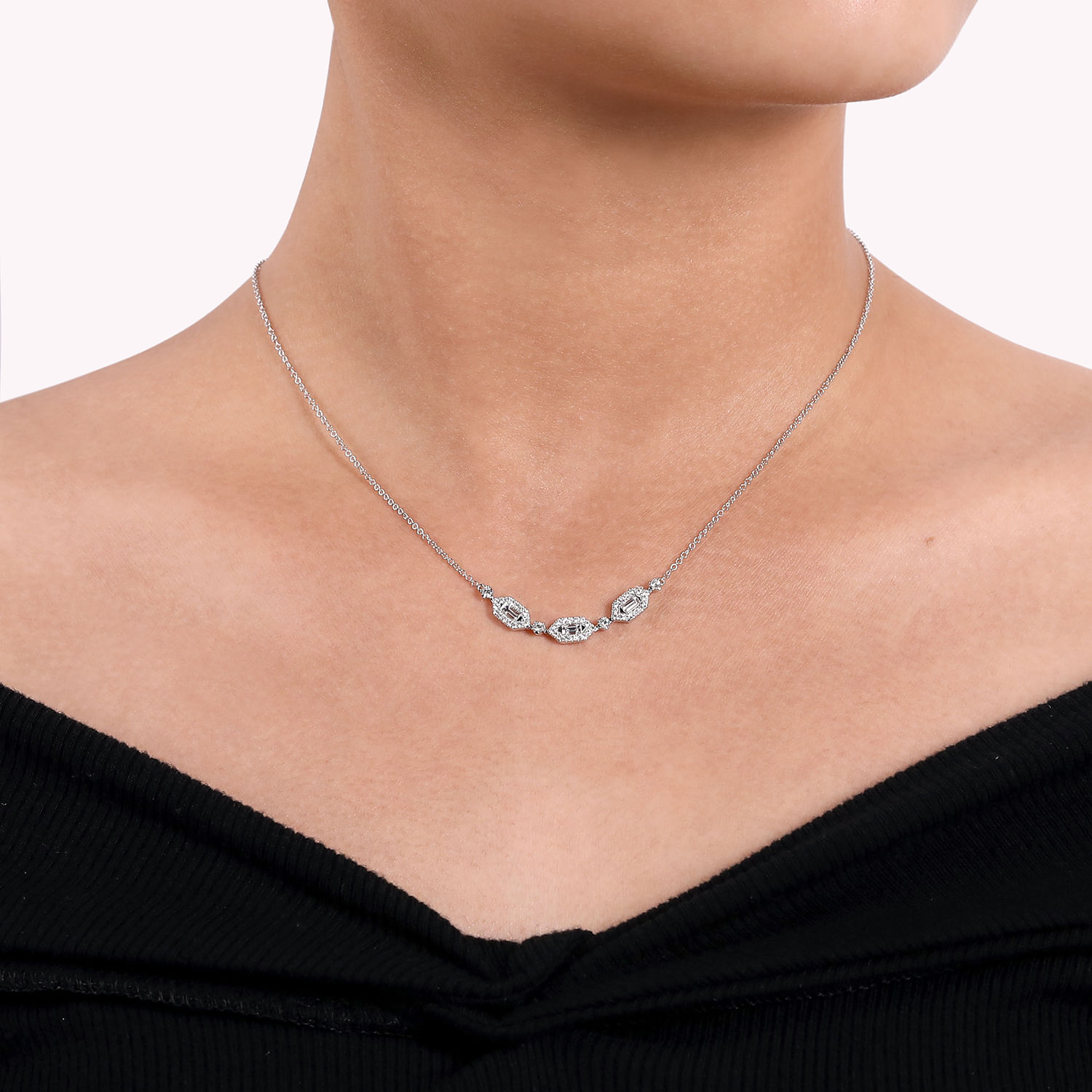 14K White Gold Diamond Station Bar Necklace
