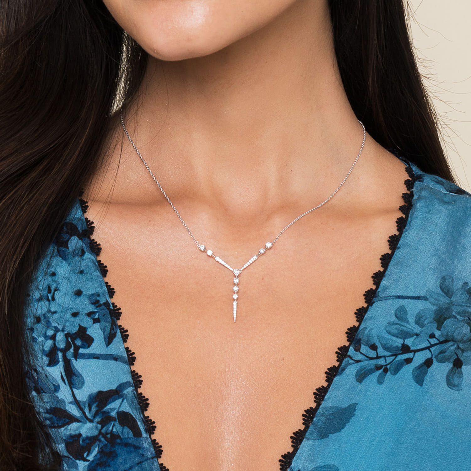 14K White Gold Diamond Station Y Necklace