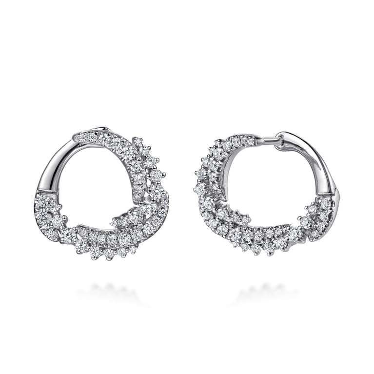 14K White Gold Diamond Swirl Bypass Hoop Earrings - 0.9 ct - Shot 1