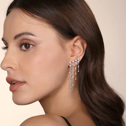 14K White Gold Diamond Tassel Ear Climber Earrings