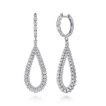 14K White Gold Diamond Teardrop Huggie Drop Earrings