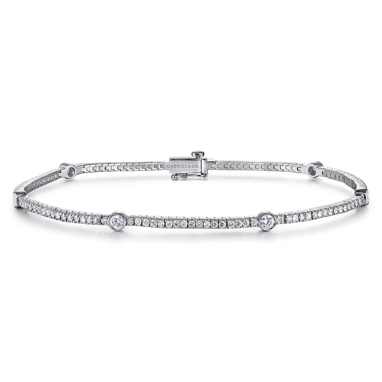 14K White Gold Diamond Tennis Bracelet with Bezel Set Diamond Stations - 1.3 ct - Shot 1
