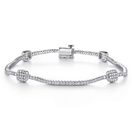 14K White Gold Diamond Tennis Bracelet with Diamond Cube Stations