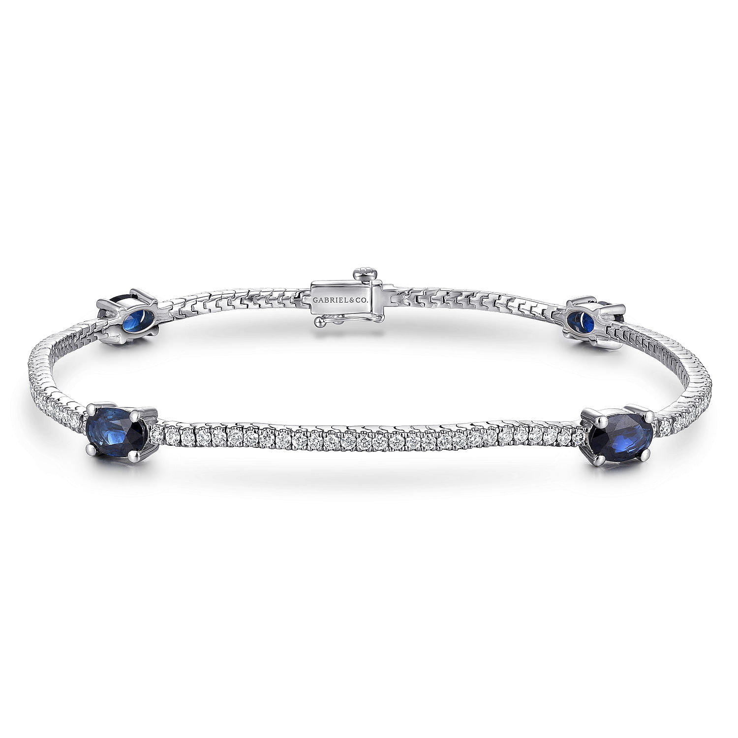 14K White Gold Diamond Tennis Bracelet with Oval Sapphire Stations