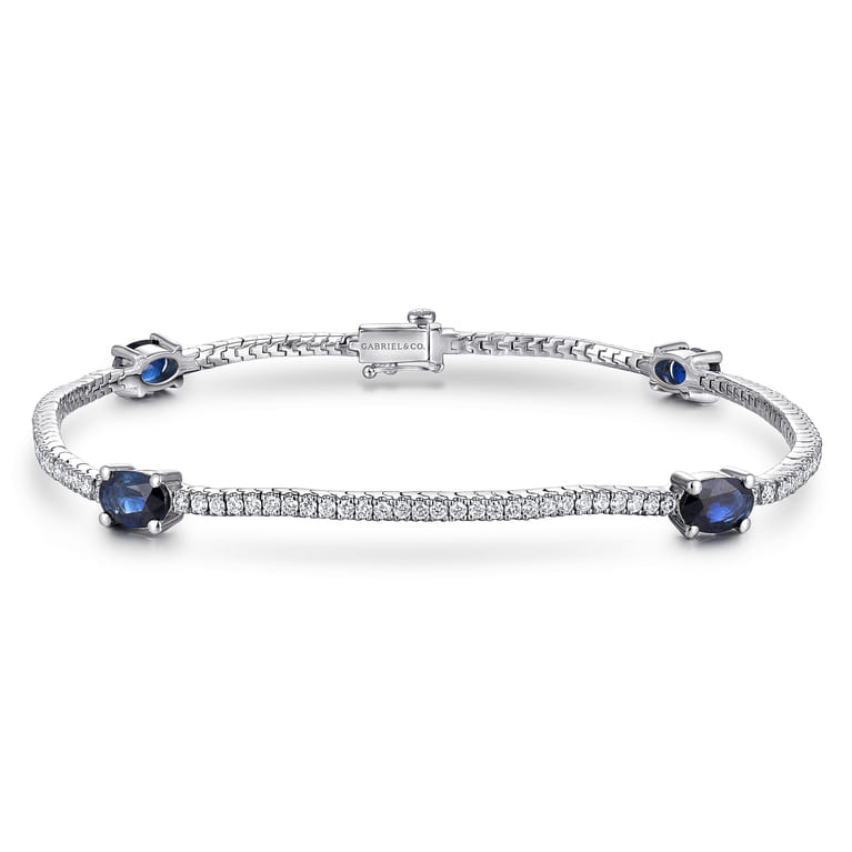 14K White Gold Diamond Tennis Bracelet with Oval Sapphire Stations - 0.9 ct - Shot 1