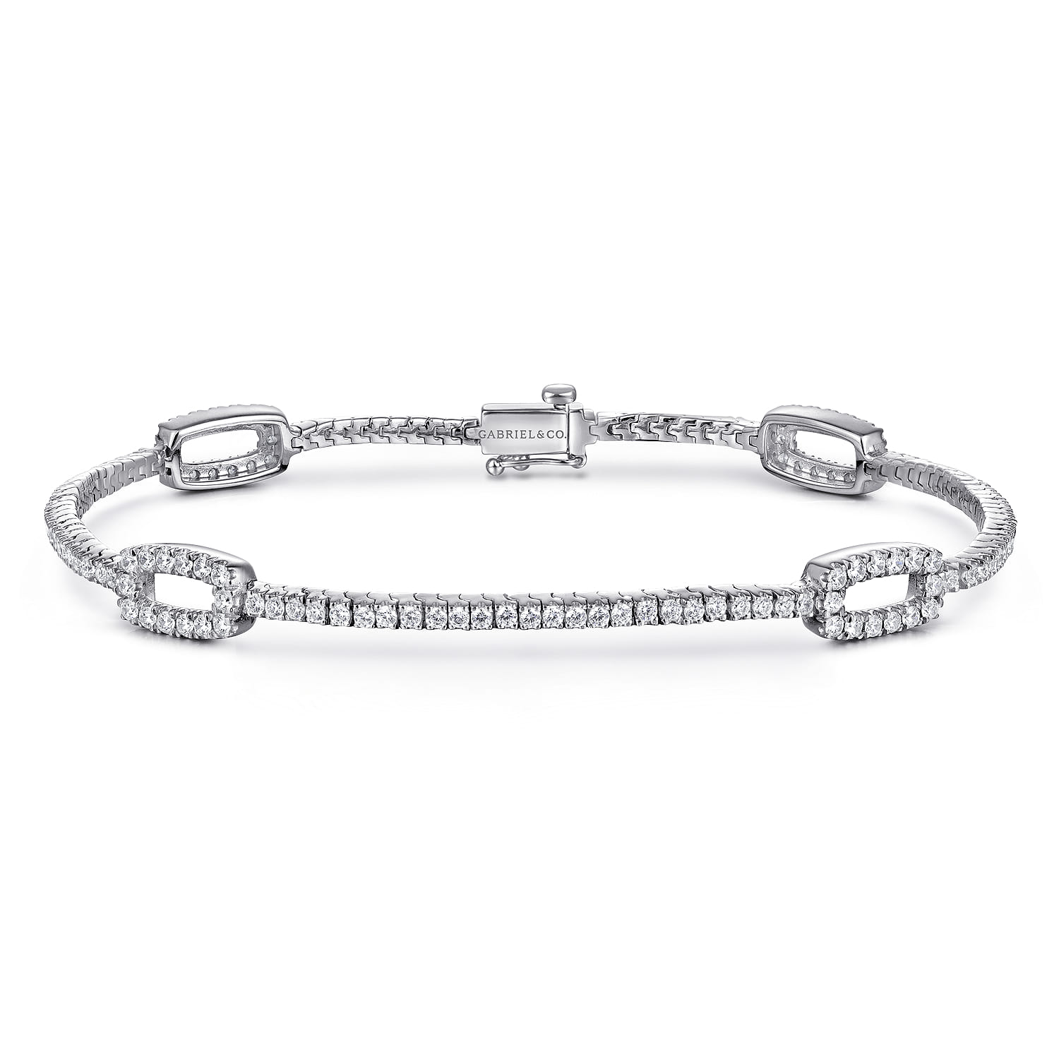 14K White Gold Diamond Tennis Bracelet with Rectangular Link Stations - 1.4 ct - Shot 1