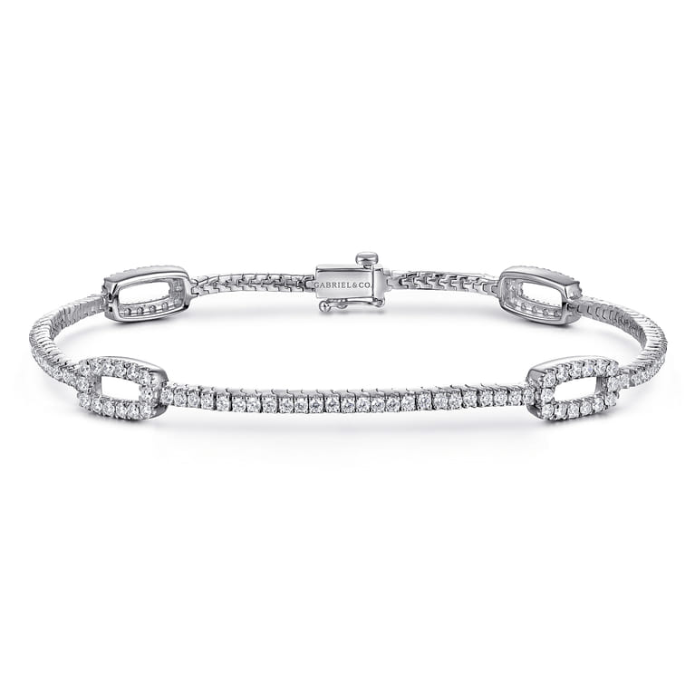 14K White Gold Diamond Tennis Bracelet with Rectangular Link Stations - 1.4 ct - Shot 1