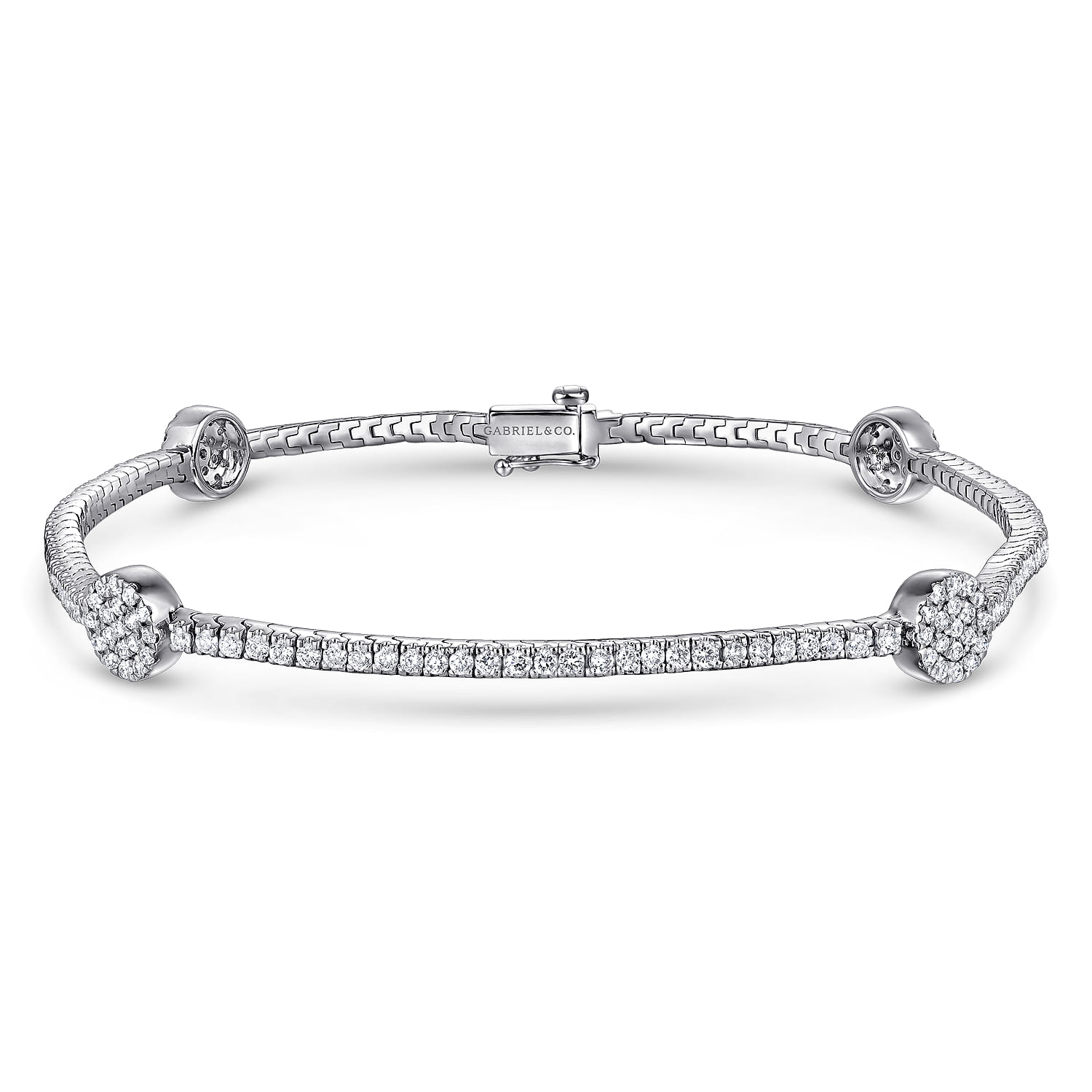 14K White Gold Diamond Tennis Bracelet with Round Cluster Stations - 1.3 ct - Shot 1