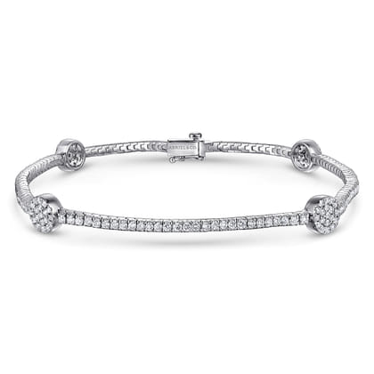 14K White Gold Diamond Tennis Bracelet with Round Cluster Stations
