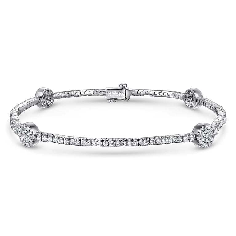 14K White Gold Diamond Tennis Bracelet with Round Cluster Stations - 1.3 ct - Shot 1