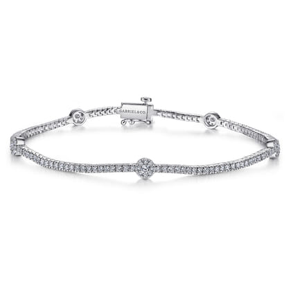 14K White Gold Diamond Tennis Bracelet with Round Cluster Stations